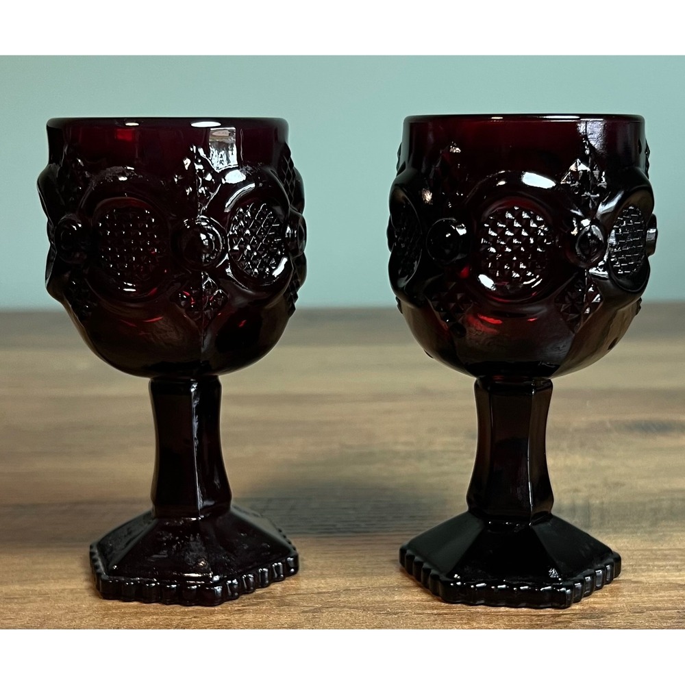 Avon 1876 Cape Cod Ruby Red Glass Cordial Wine Goblets Set of 2 Vintage